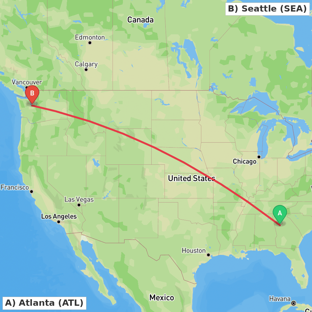Flight route map from Atlanta to Seattle