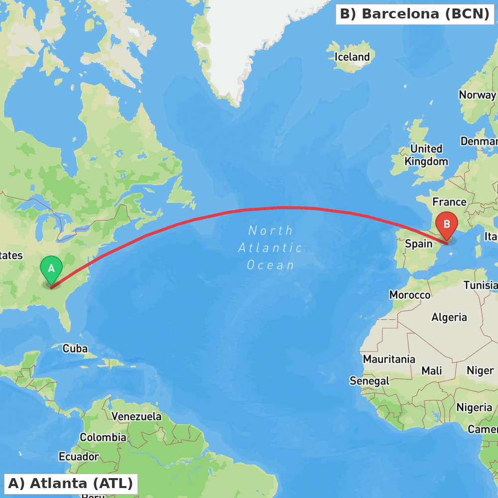 Flight route map from Atlanta to Barcelona