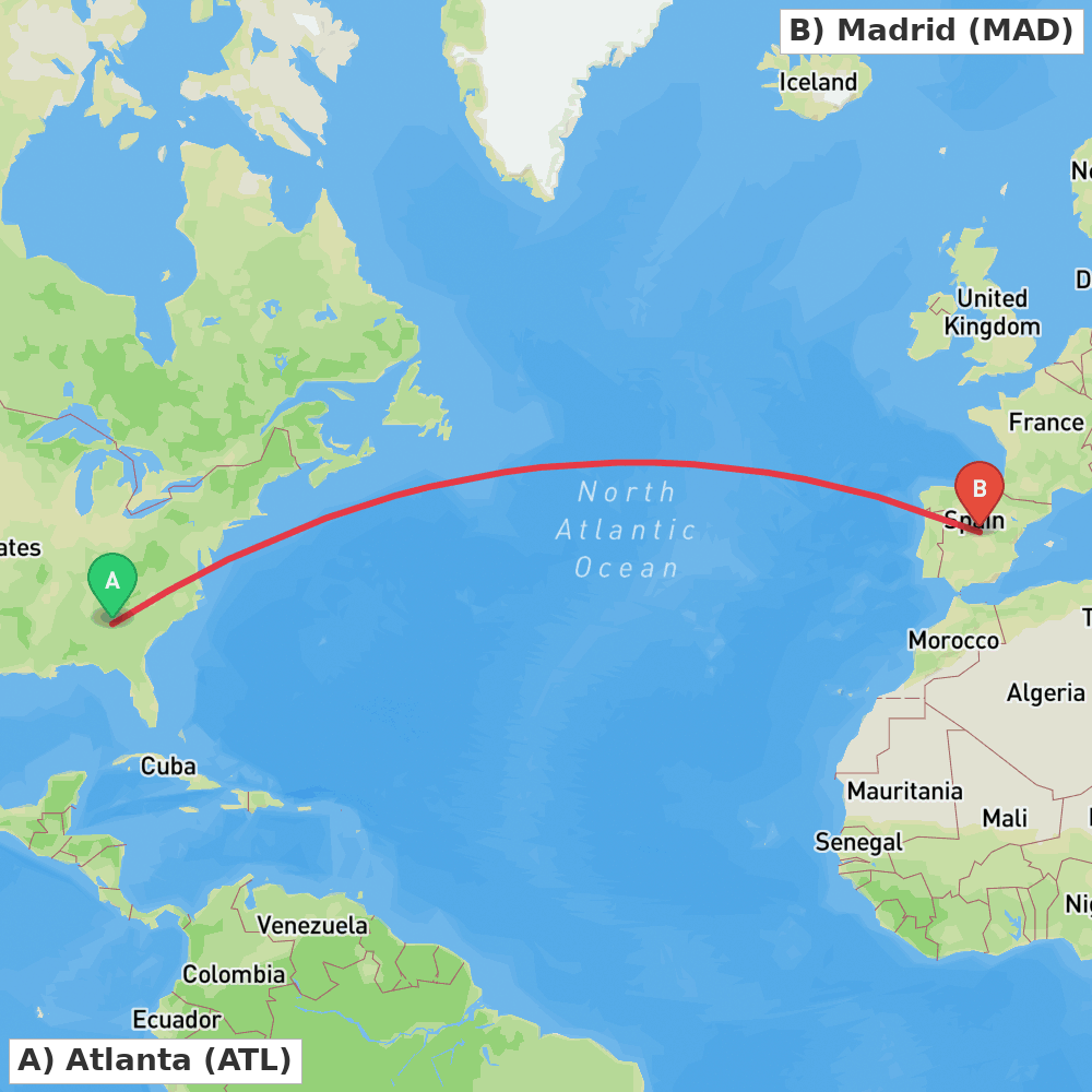 Flight route map from Atlanta to Madrid