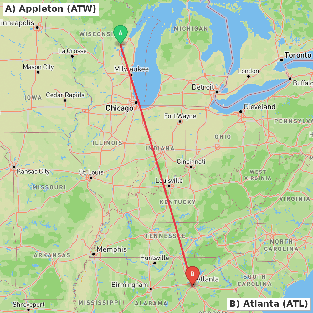 Flight route map from Appleton to Atlanta