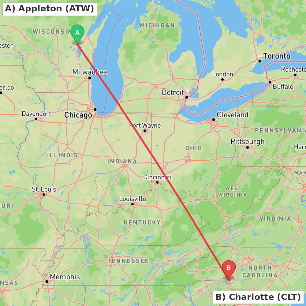 Flight route map from Appleton to Charlotte