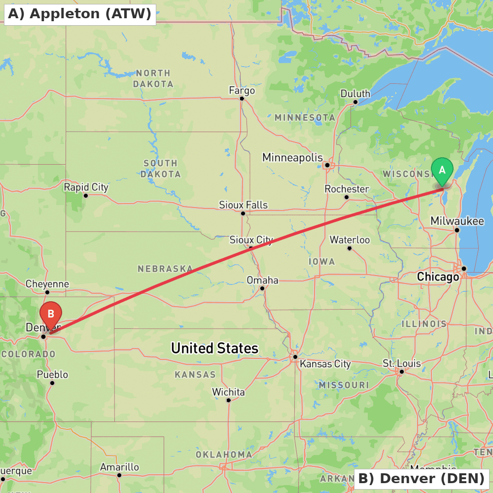 Flight route map from Appleton to Denver