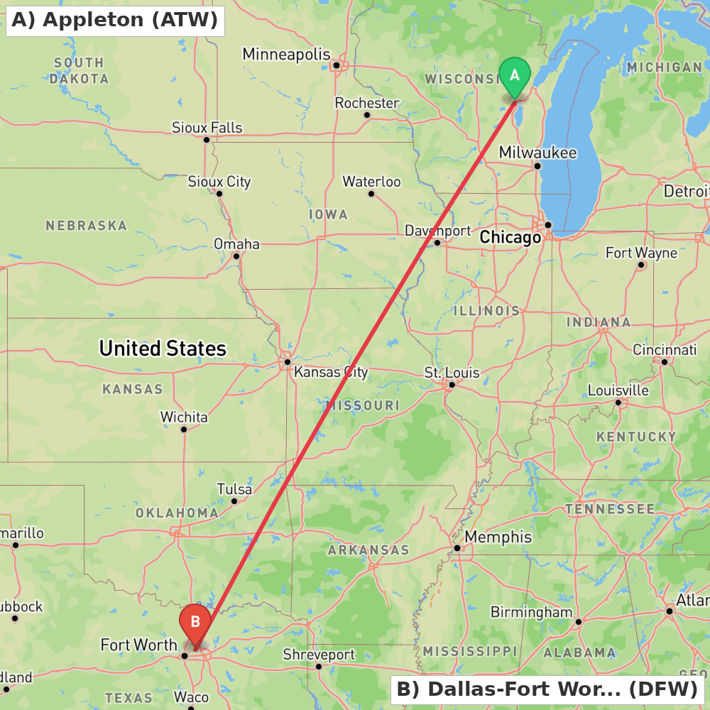 Flight route map from Appleton to Dallas-Fort Worth