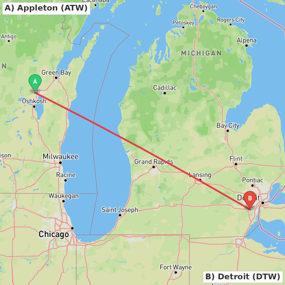 Flight route map from Appleton to Detroit