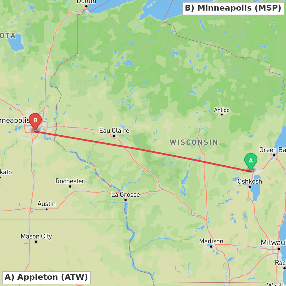 Flight route map from Appleton to Minneapolis