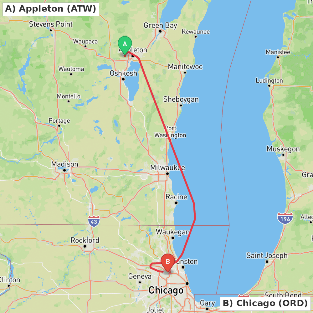 Flight route map from Appleton to Chicago