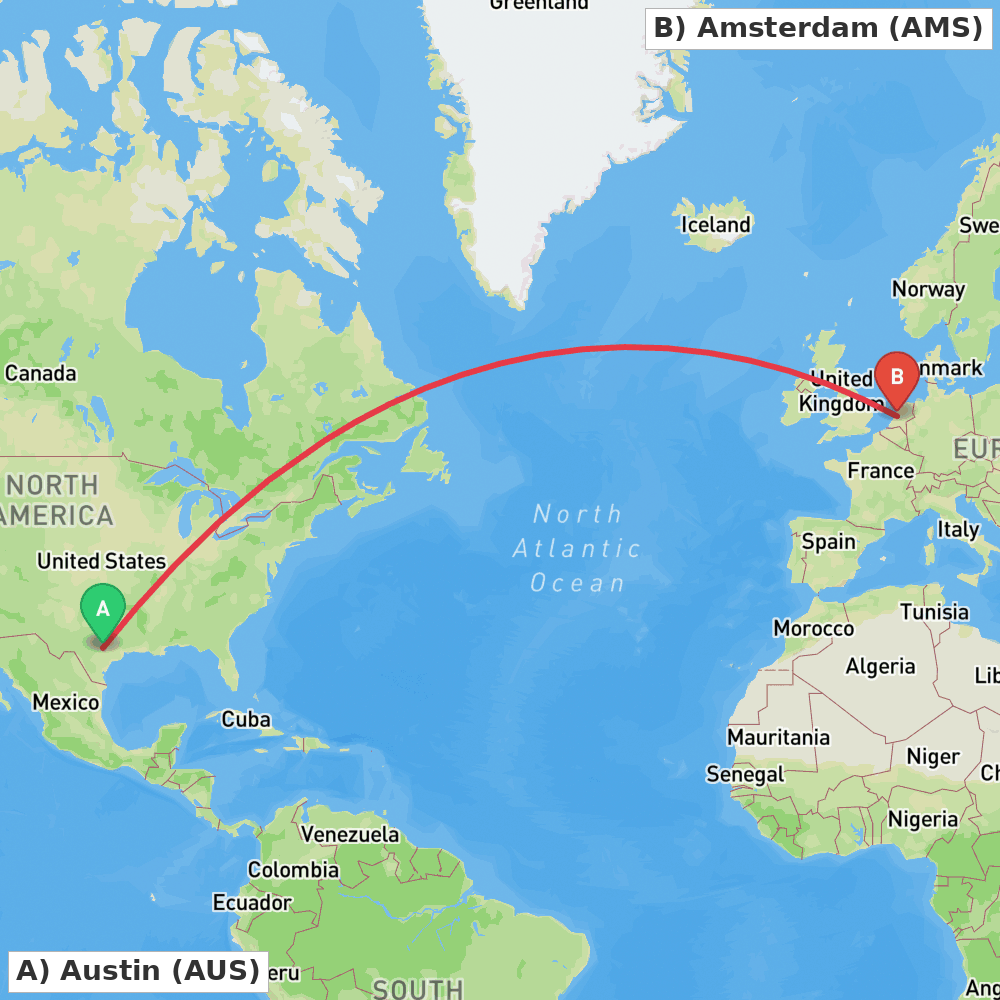 Flight route map from Austin to Amsterdam