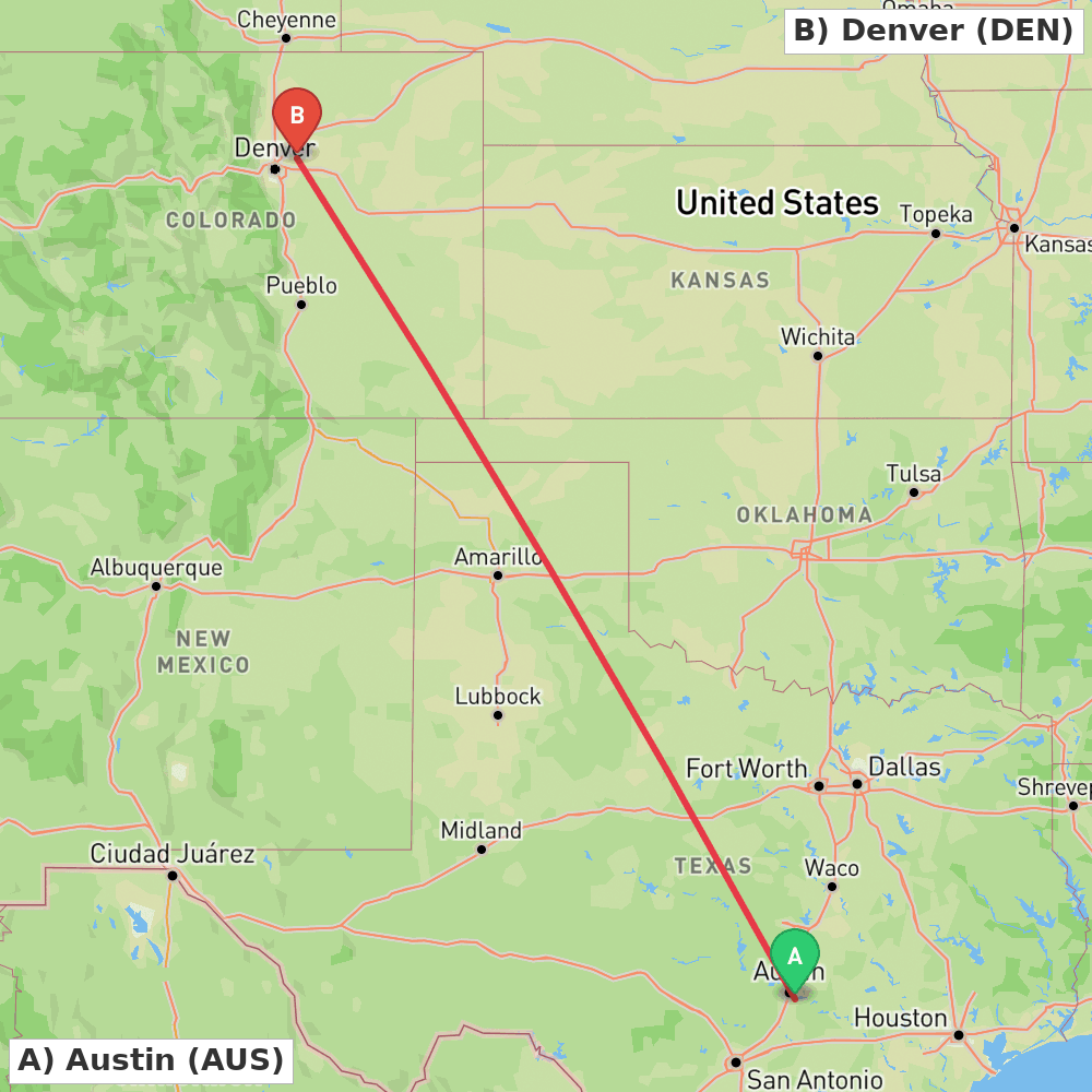 Flight route map from Austin to Denver