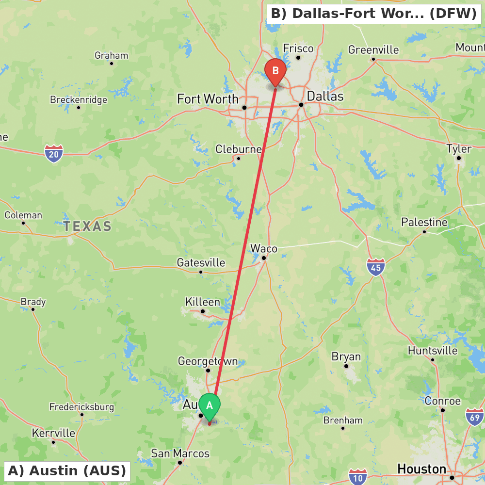 Flight route map from Austin to Dallas-Fort Worth