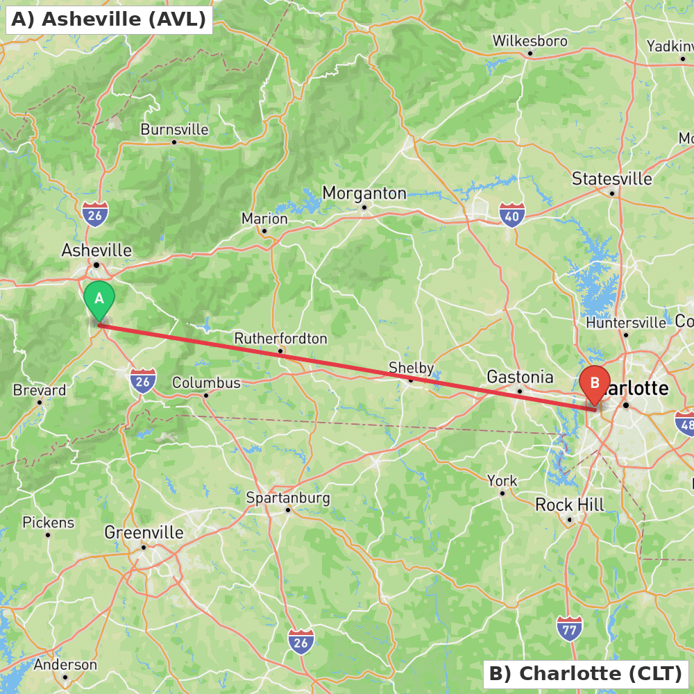 Flight route map from Asheville to Charlotte
