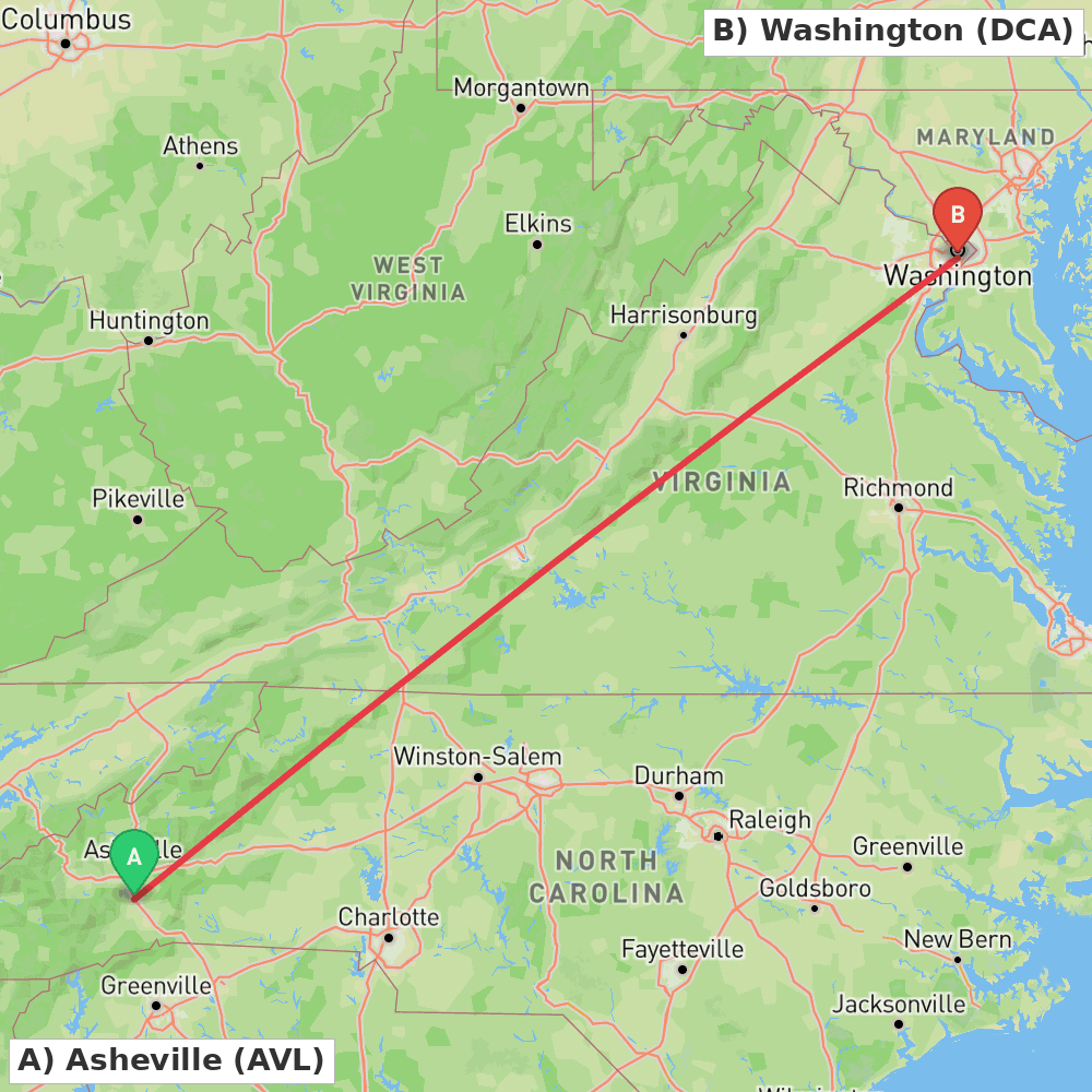 Flight route map from Asheville to Washington