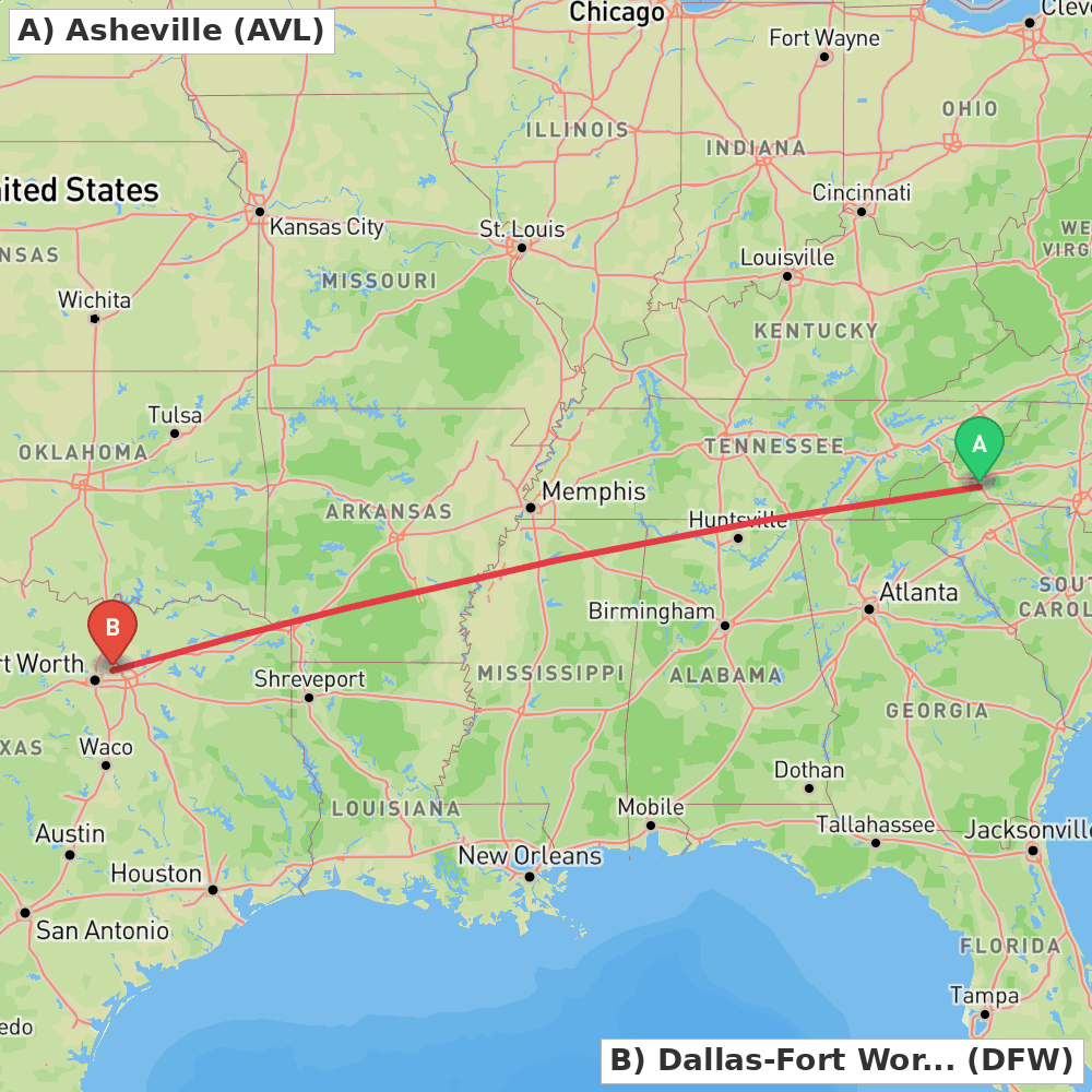 Flight route map from Asheville to Dallas-Fort Worth