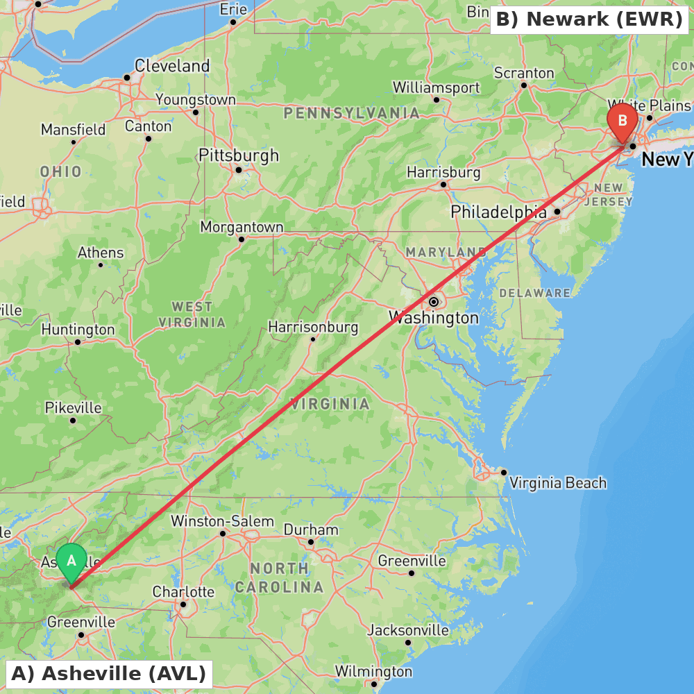 Flight route map from Asheville to Newark
