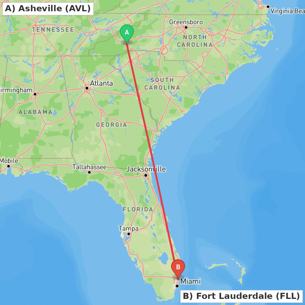 Flight route map from Asheville to Fort Lauderdale