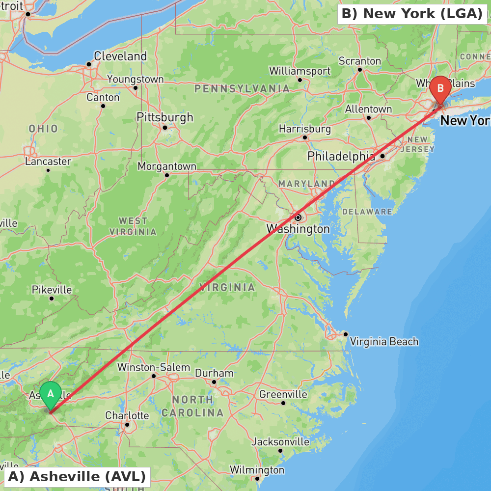 Flight route map from Asheville to New York