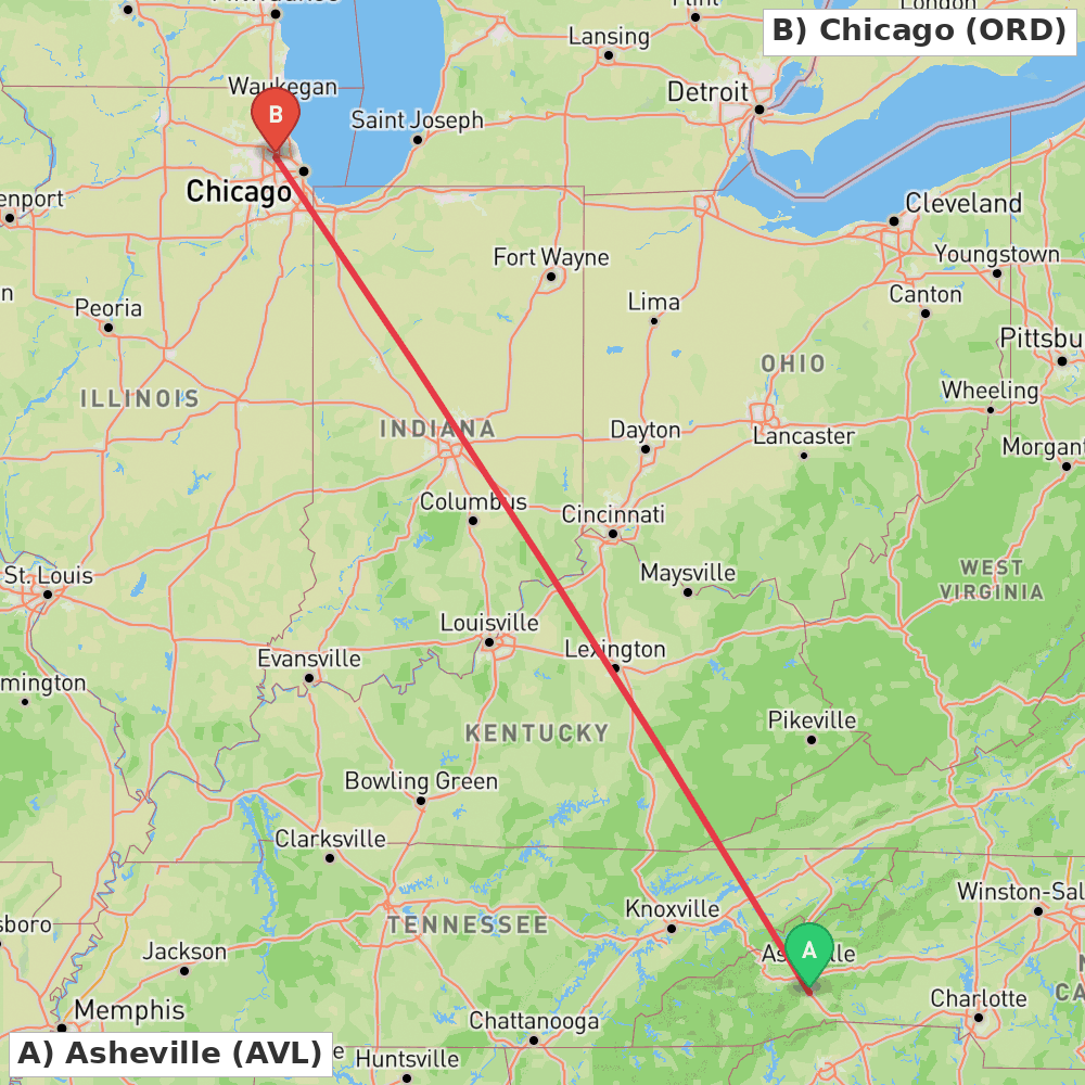 Flight route map from Asheville to Chicago