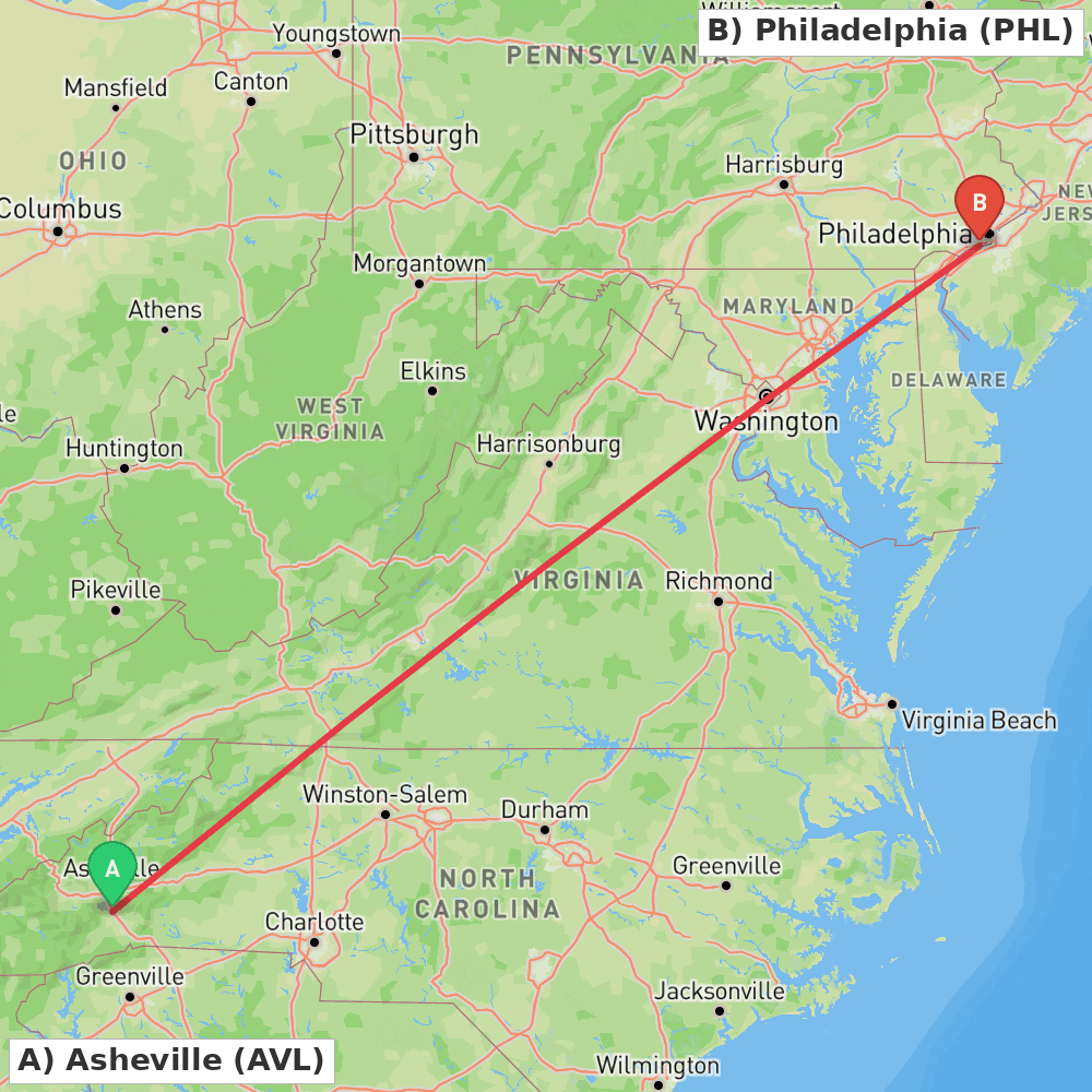 Flight route map from Asheville to Philadelphia