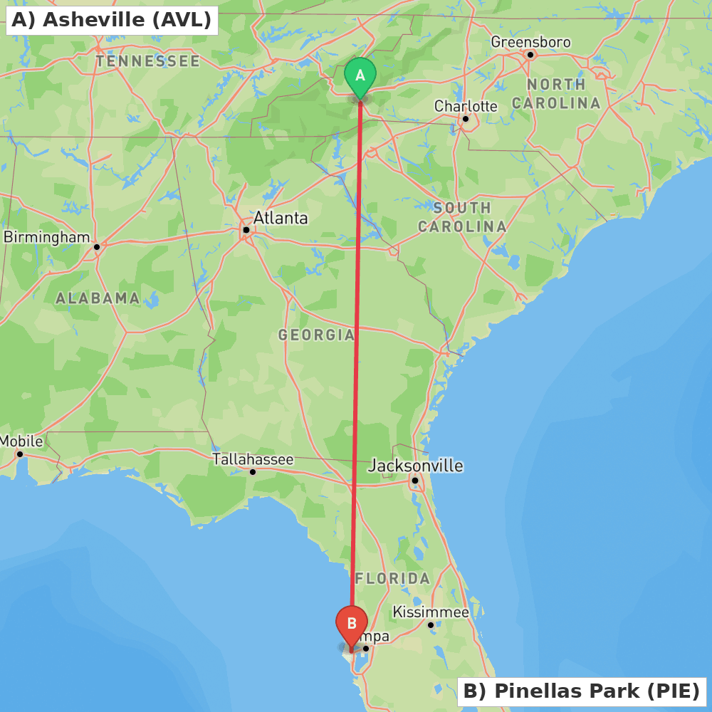 Flight route map from Asheville to Pinellas Park
