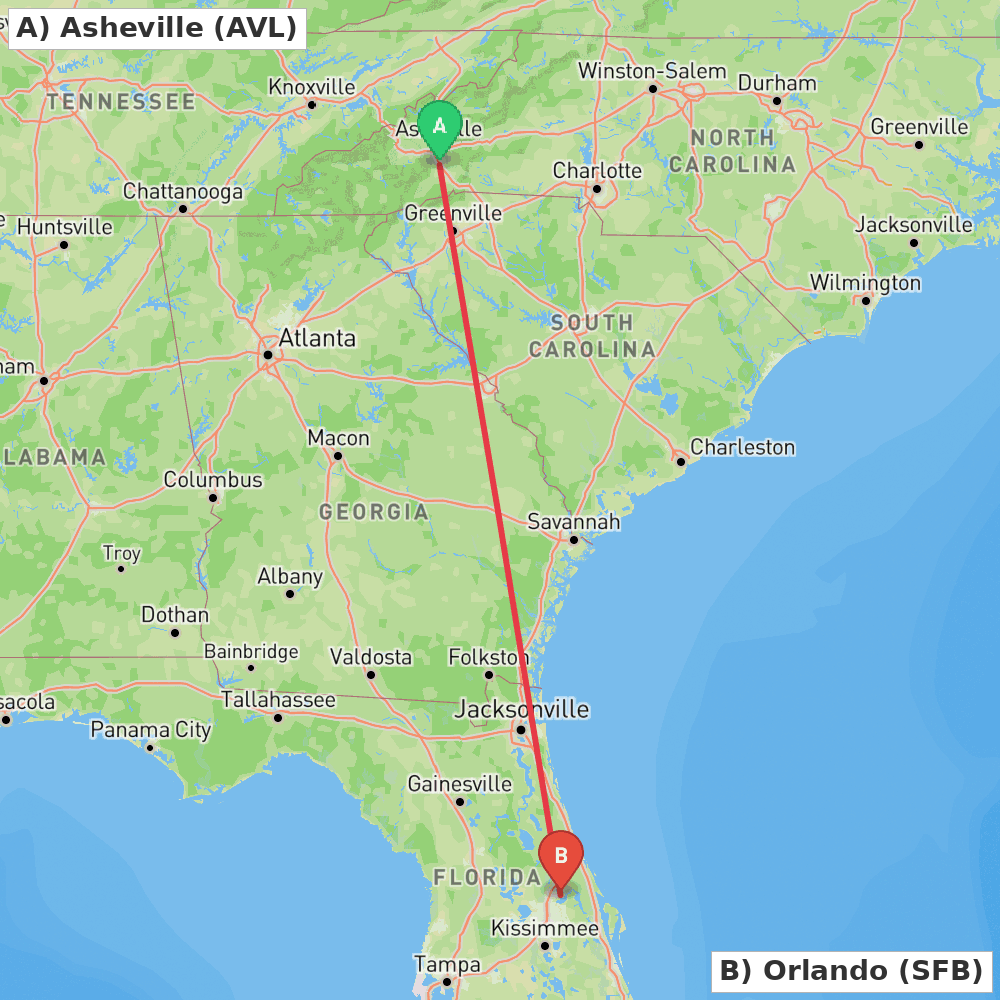 Flight route map from Asheville to Orlando