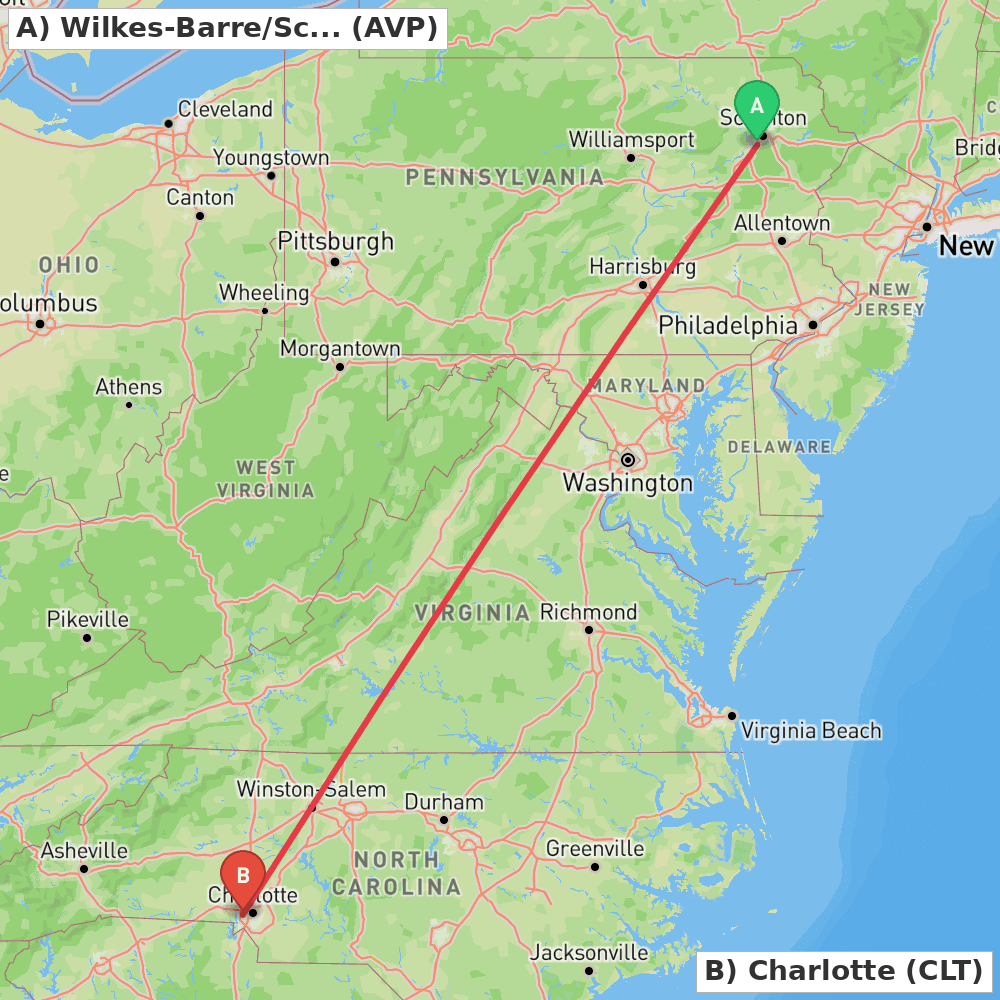 Flight route map from Wilkes-Barre/Scranton to Charlotte