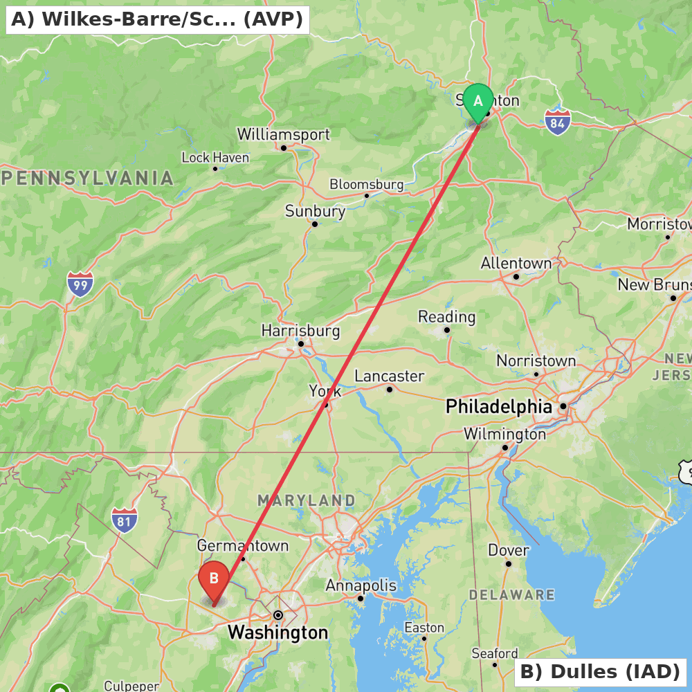 Flight route map from Wilkes-Barre/Scranton to Dulles