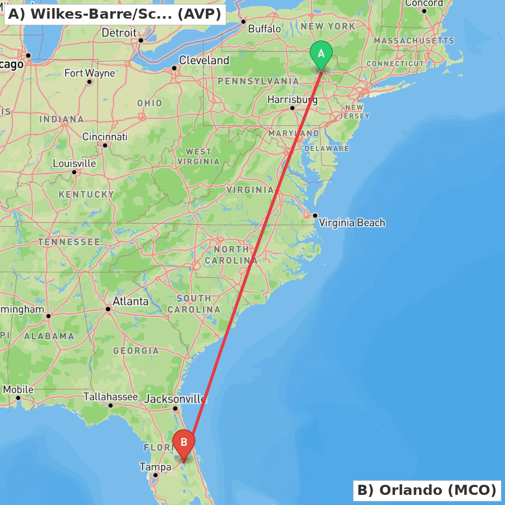 Flight route map from Wilkes-Barre/Scranton to Orlando