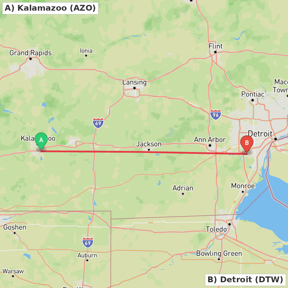 Flight route map from Kalamazoo to Detroit
