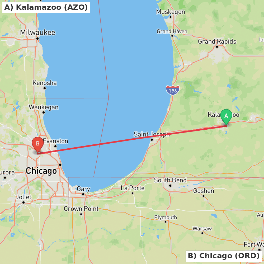 Flight route map from Kalamazoo to Chicago