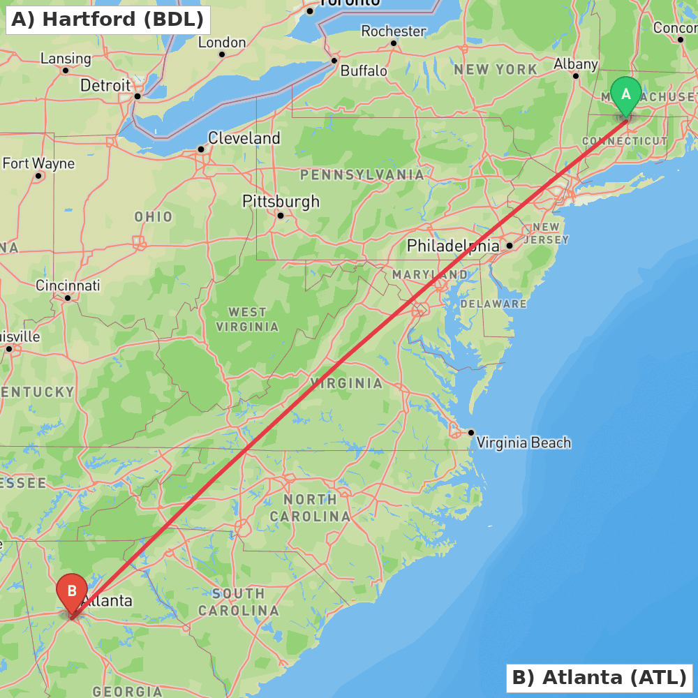 Flight route map from Hartford to Atlanta