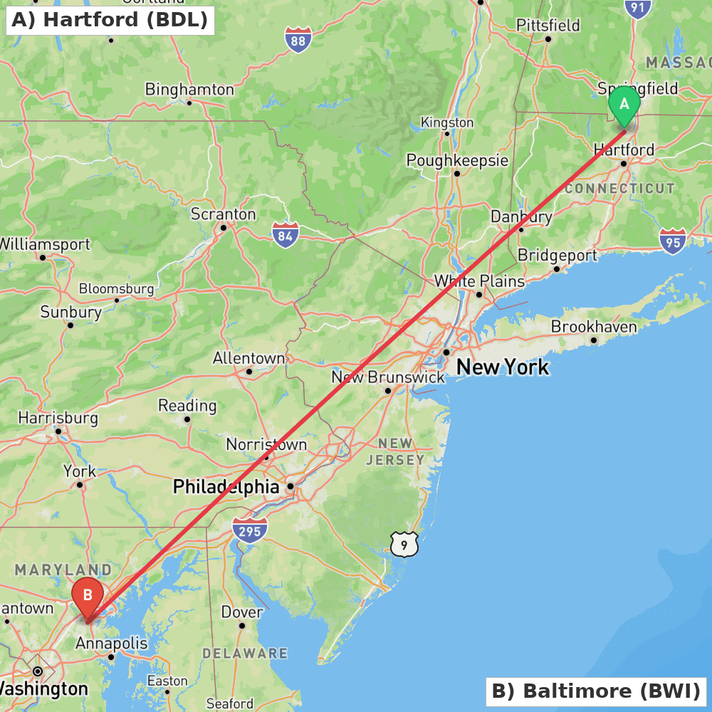 Flight route map from Hartford to Baltimore