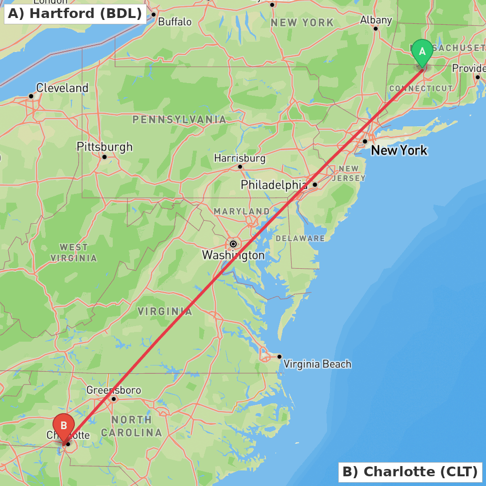 Flight route map from Hartford to Charlotte