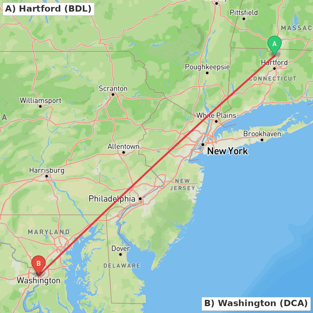 Flight route map from Hartford to Washington