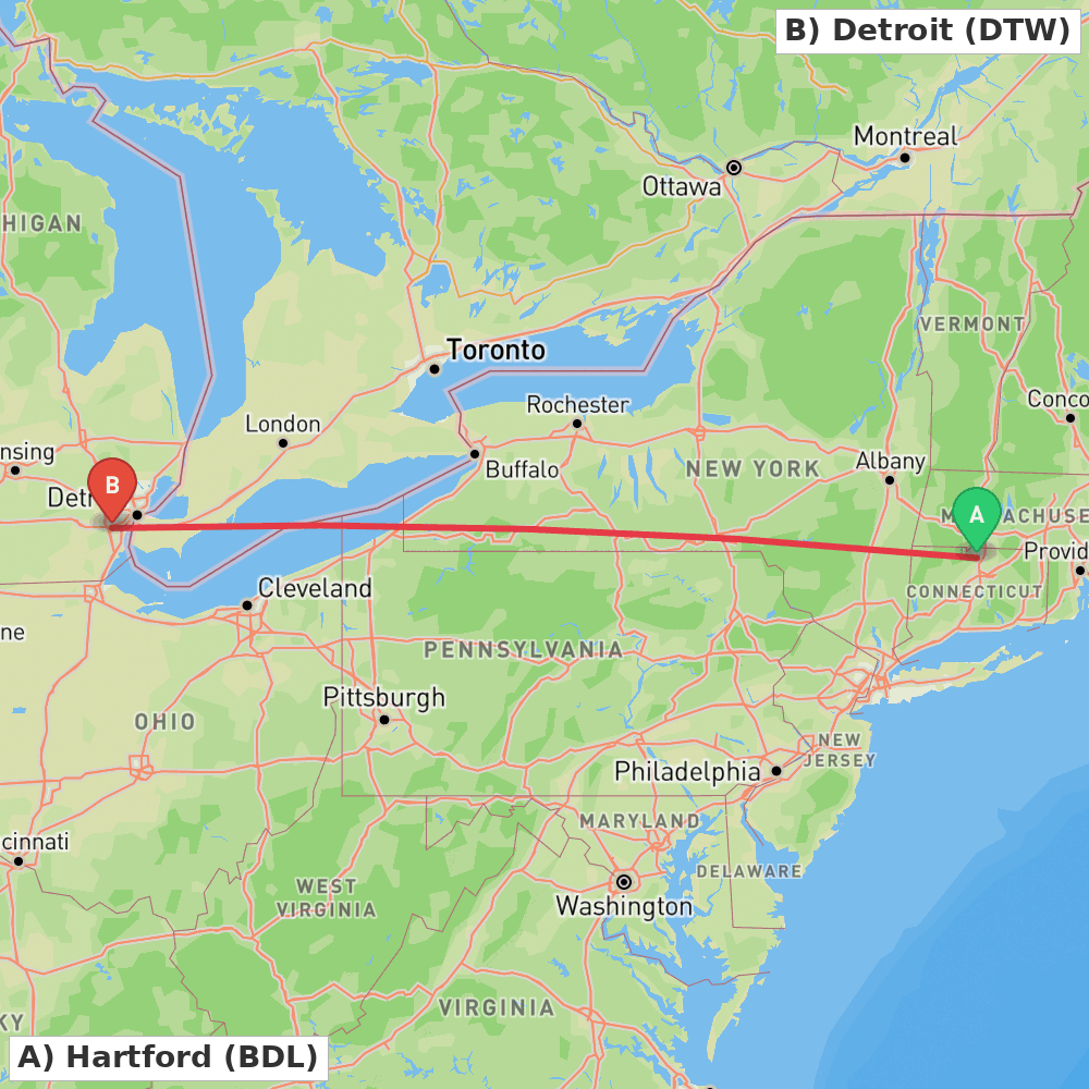 Flight route map from Hartford to Detroit