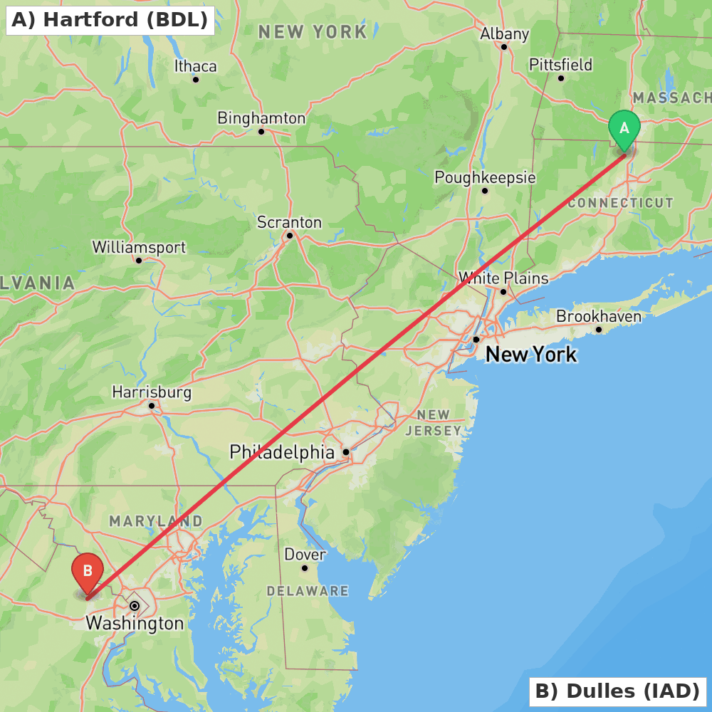 Flight route map from Hartford to Dulles