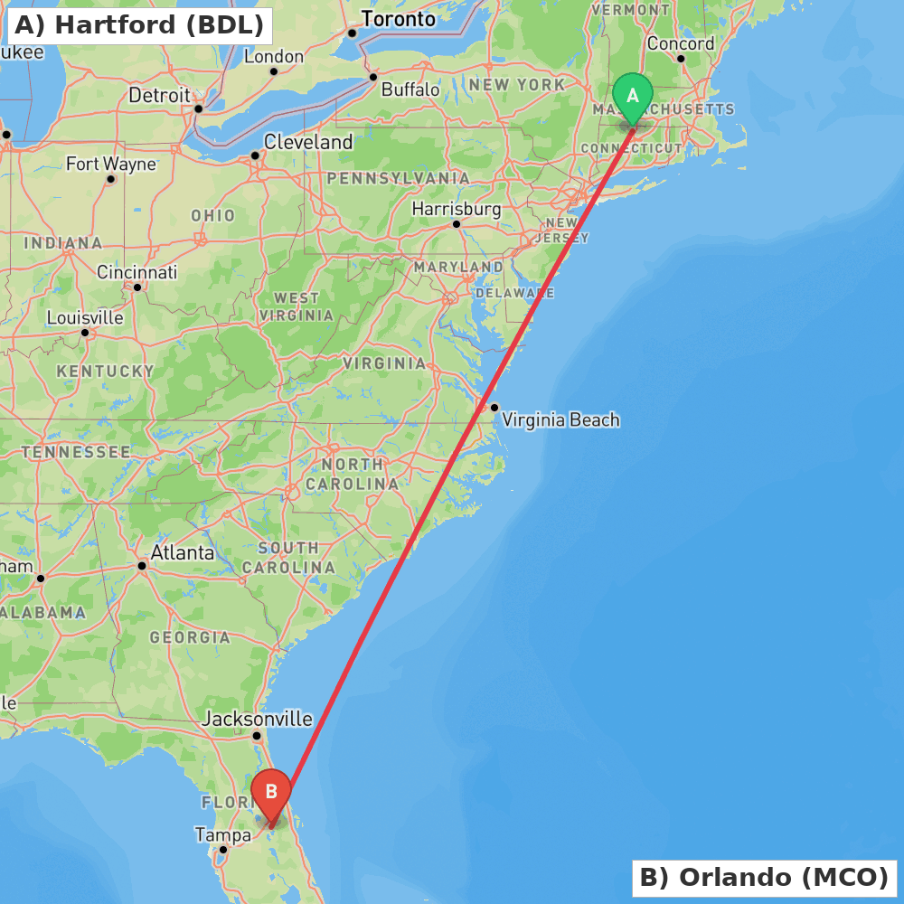 Flight route map from Hartford to Orlando