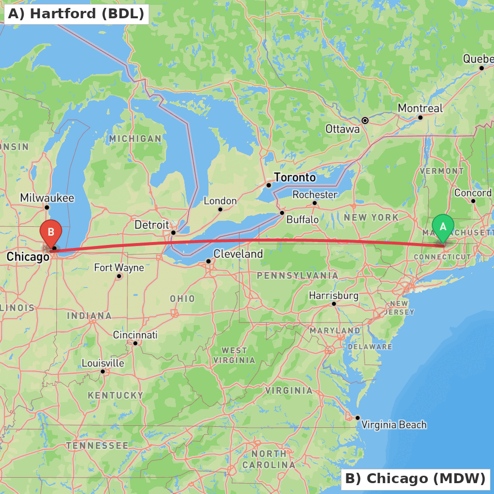 Flight route map from Hartford to Chicago