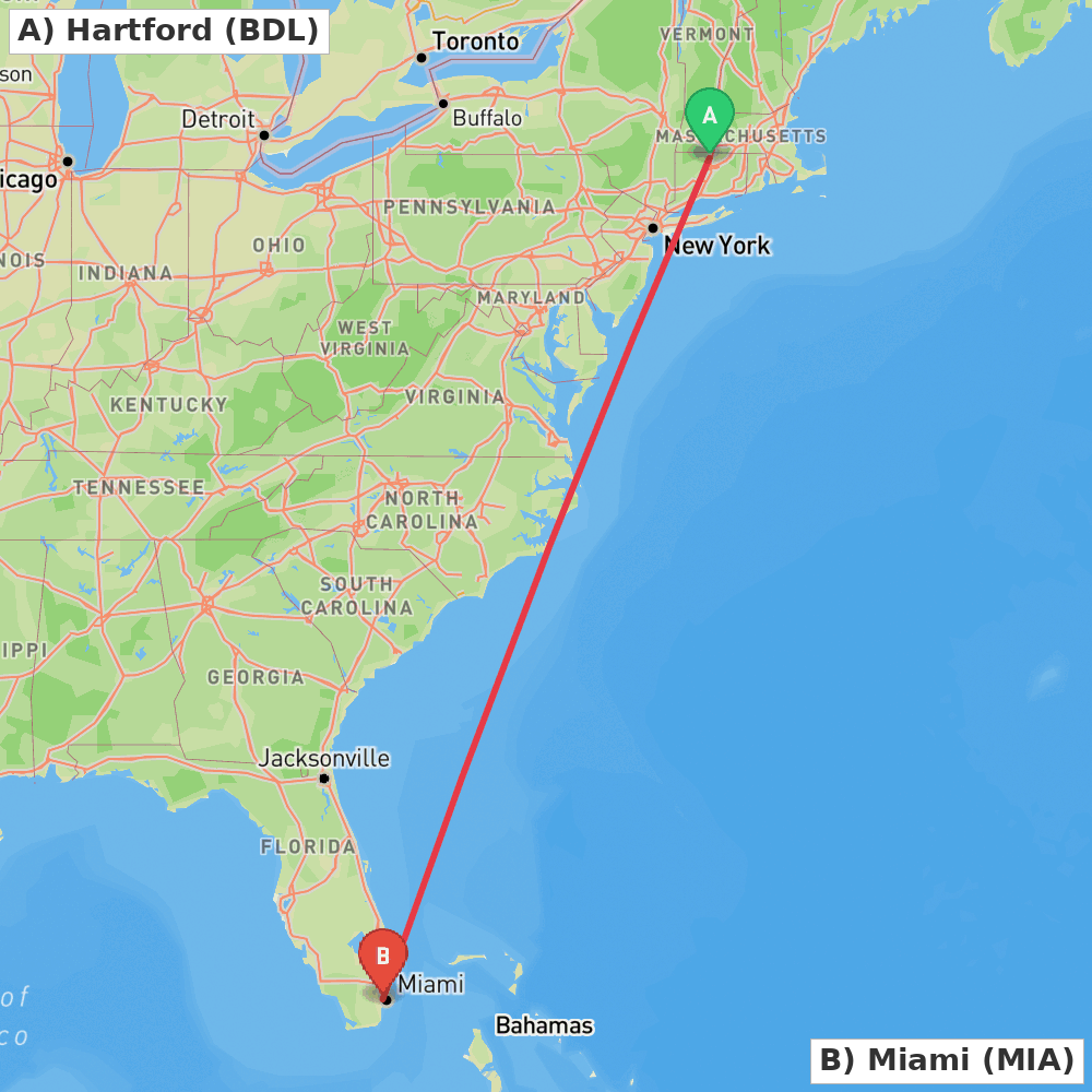 Flight route map from Hartford to Miami