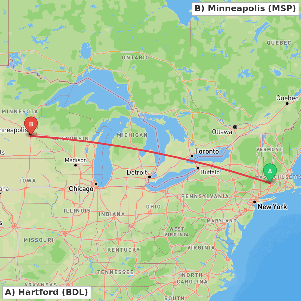 Flight route map from Hartford to Minneapolis