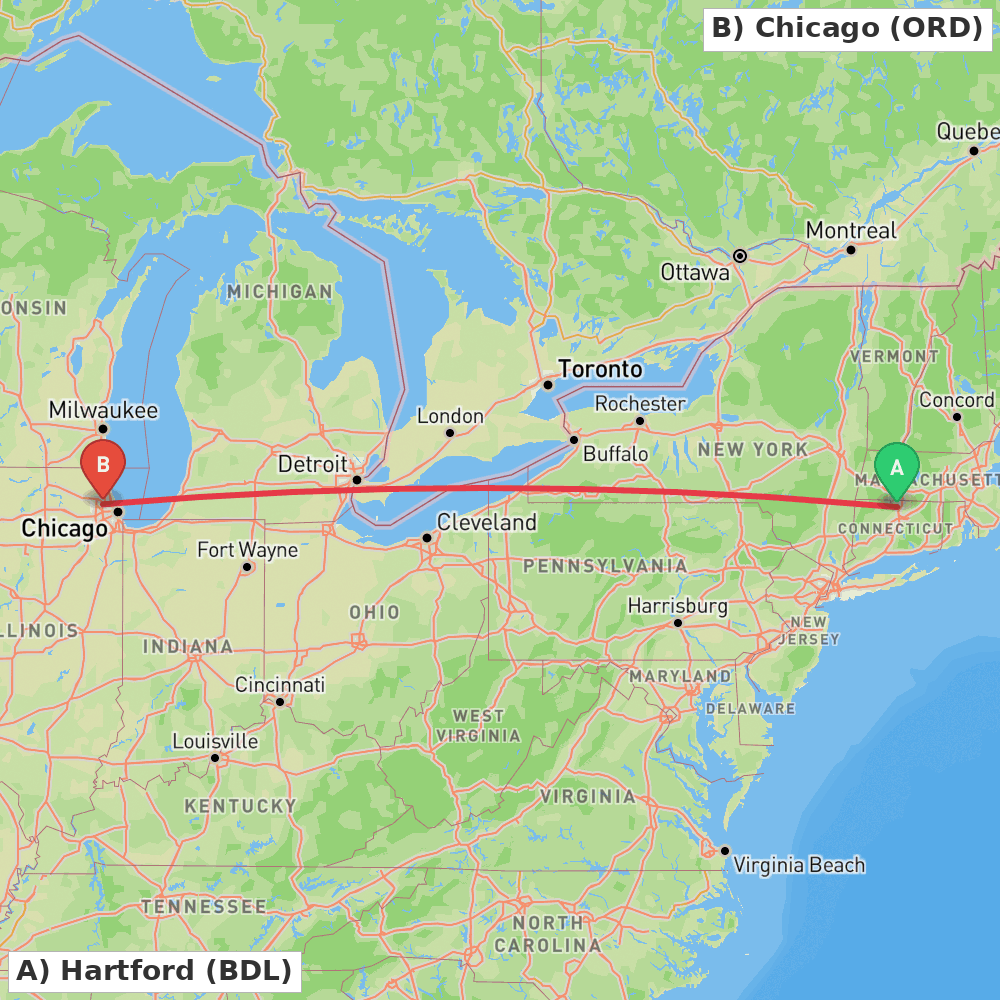 Flight route map from Hartford to Chicago