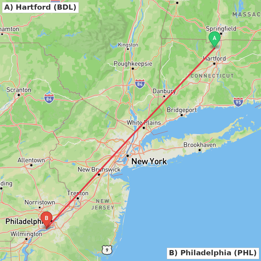 Flight route map from Hartford to Philadelphia