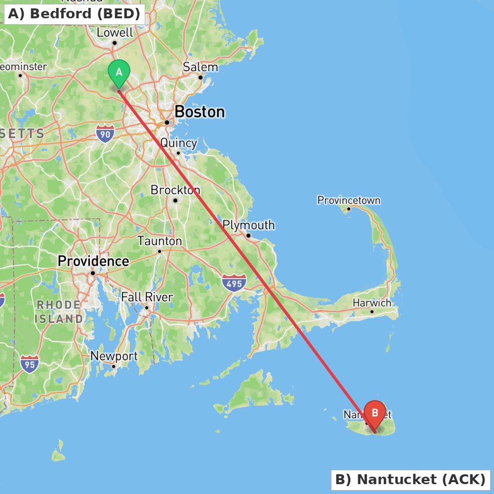 Flight route map from Bedford to Nantucket