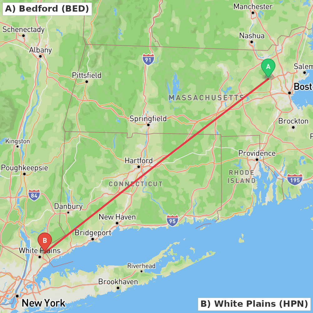 Flight route map from Bedford to White Plains