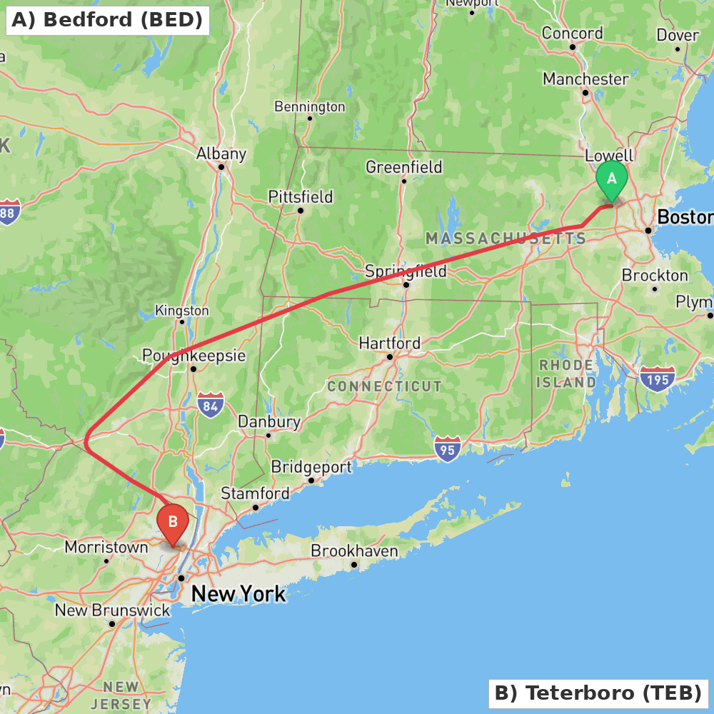 Flight route map from Bedford to Teterboro