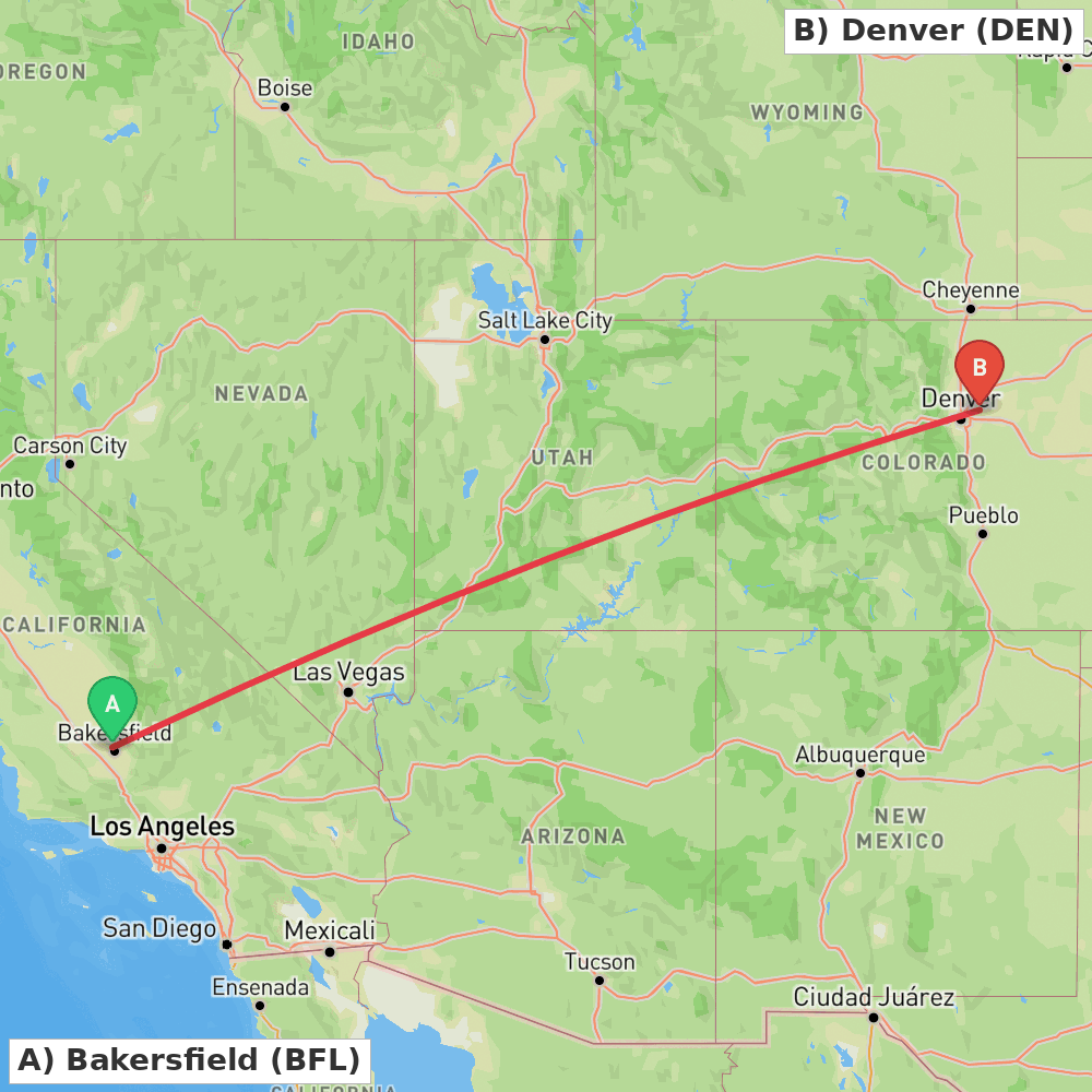 Flight route map from Bakersfield to Denver