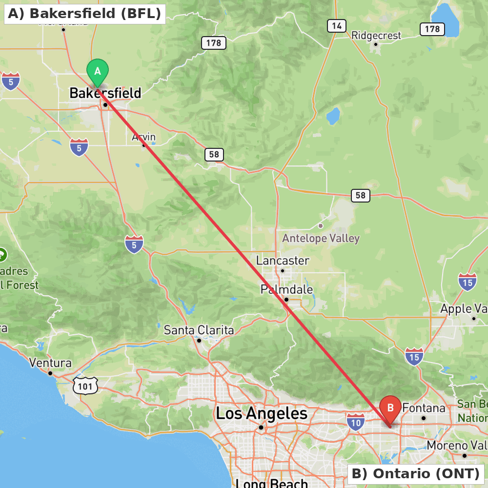 Flight route map from Bakersfield to Ontario