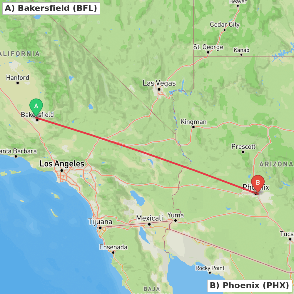 Flight route map from Bakersfield to Phoenix