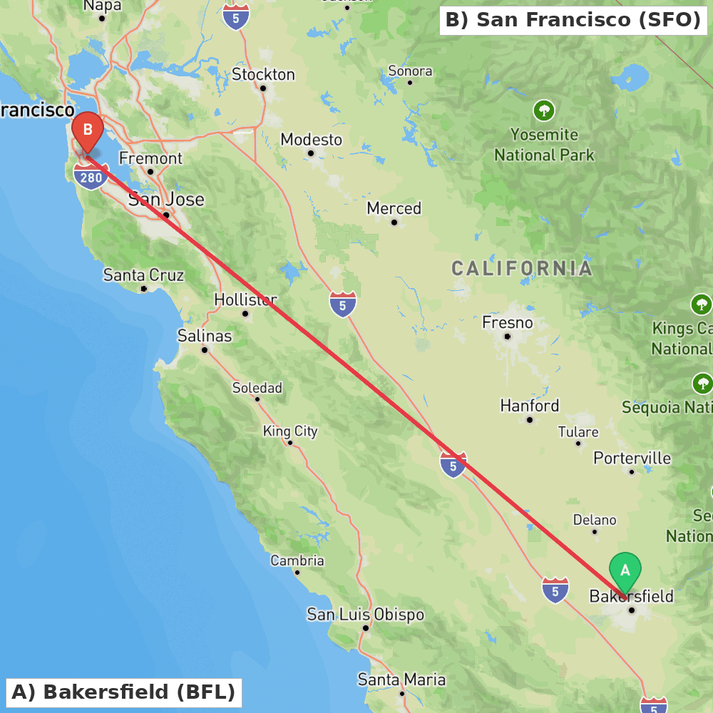 Flight route map from Bakersfield to San Francisco