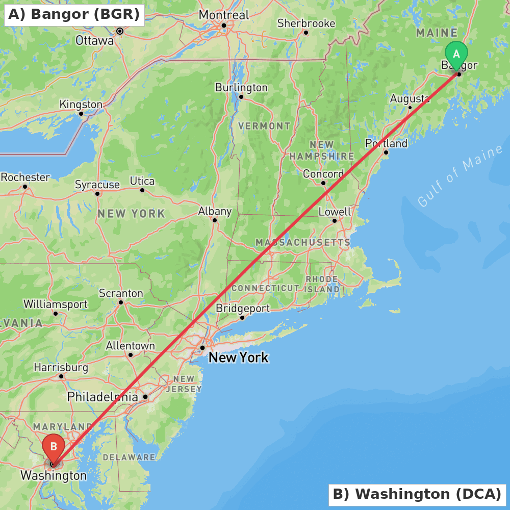 Flight route map from Bangor to Washington