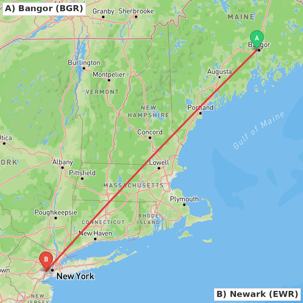 Flight route map from Bangor to Newark