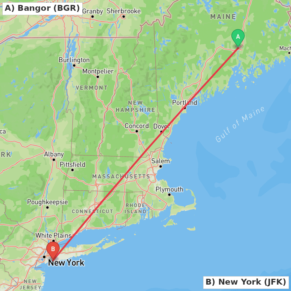 Flight route map from Bangor to New York